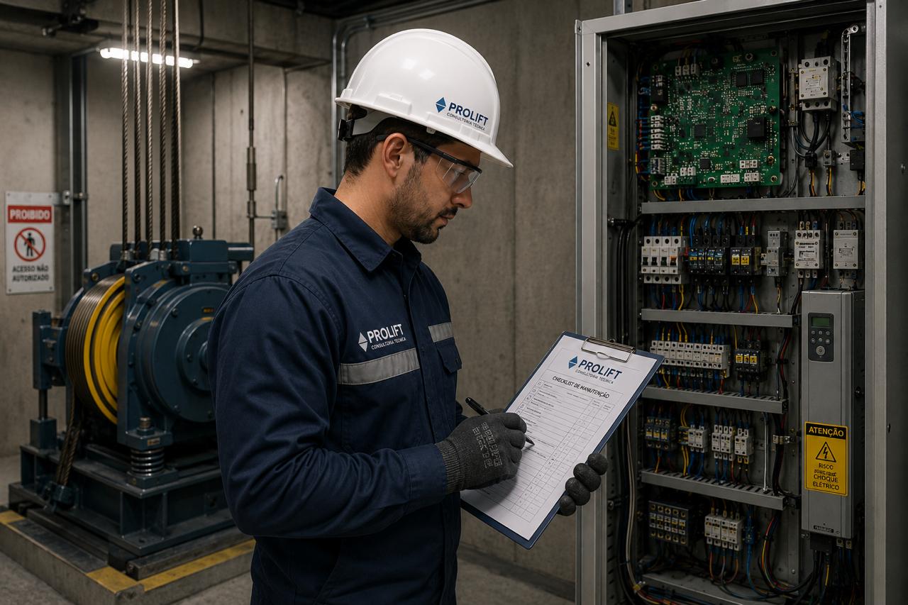 Técnico analisando elevador